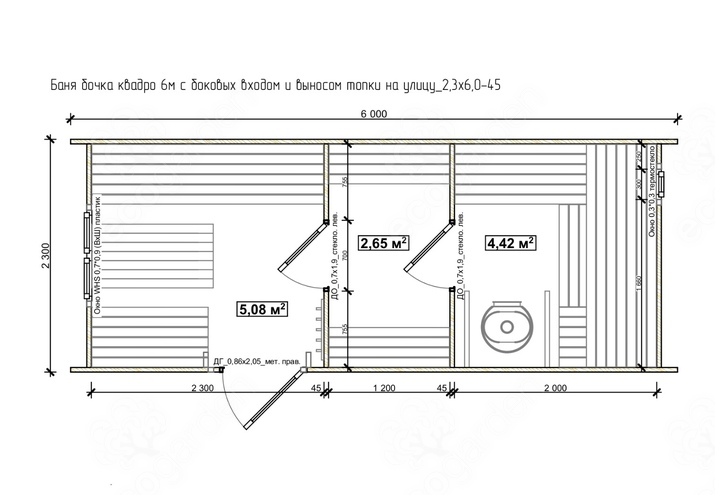 Баня квадро бочка 6м с  боковым входом и выносом топки на улицу из бруса №6