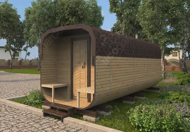 Баня квадро бочка 5м с крыльцом из бруса фото №1