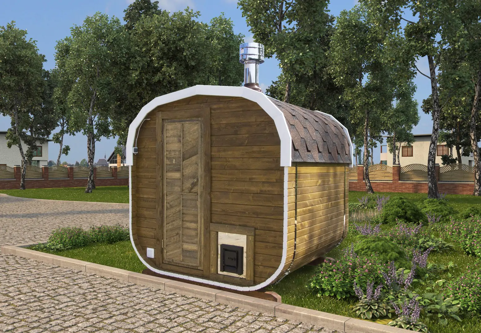 Баня квадро бочка 2м с выносом топки на улицу фото