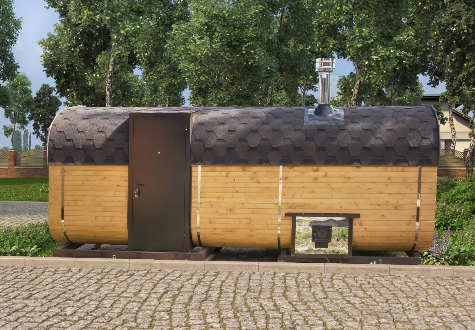 Баня квадро бочка 6м с  боковым входом и выносом топки на улицу фото