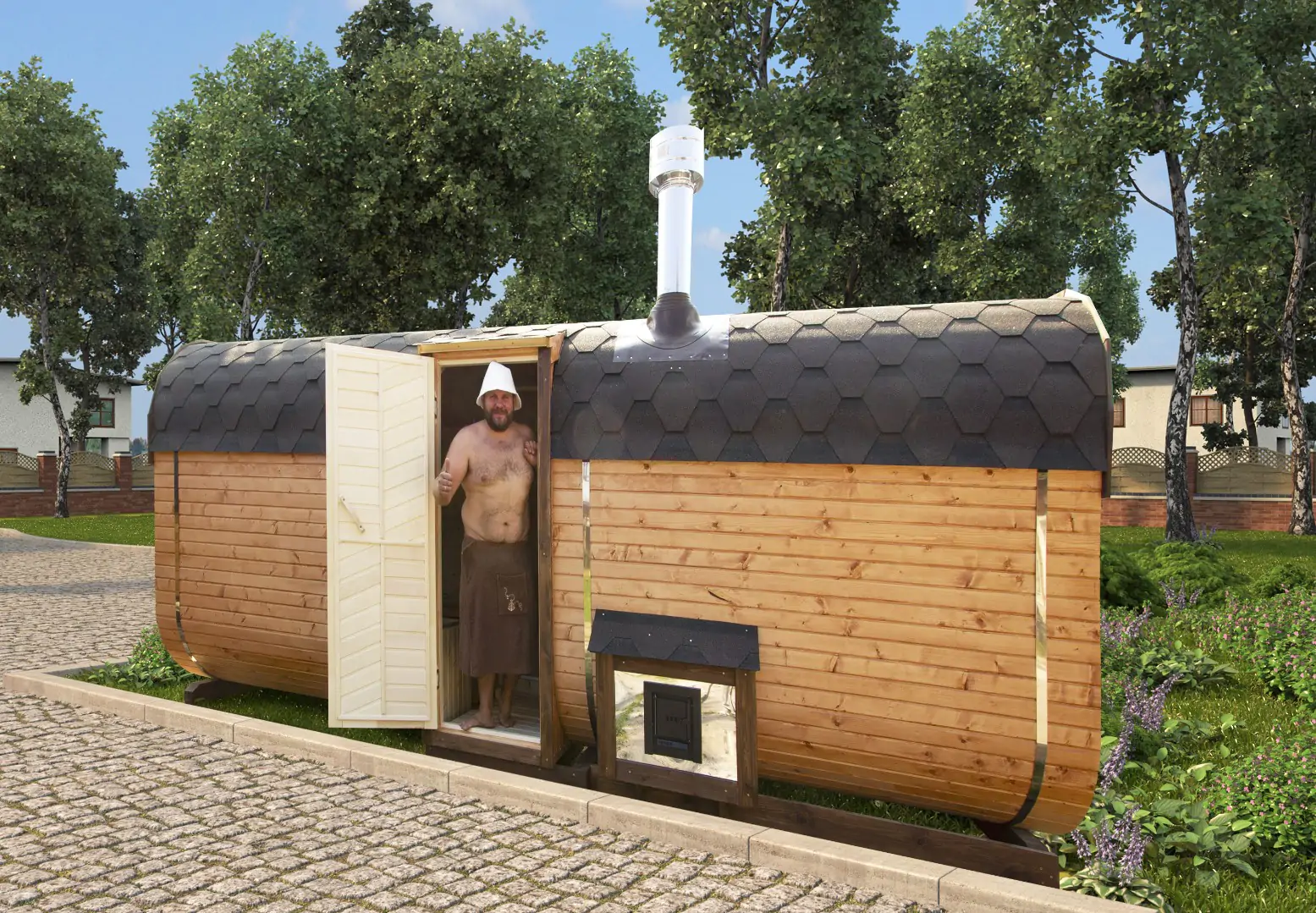Баня квадро бочка 5.6м с  боковым входом и выносом топки на улицу фото