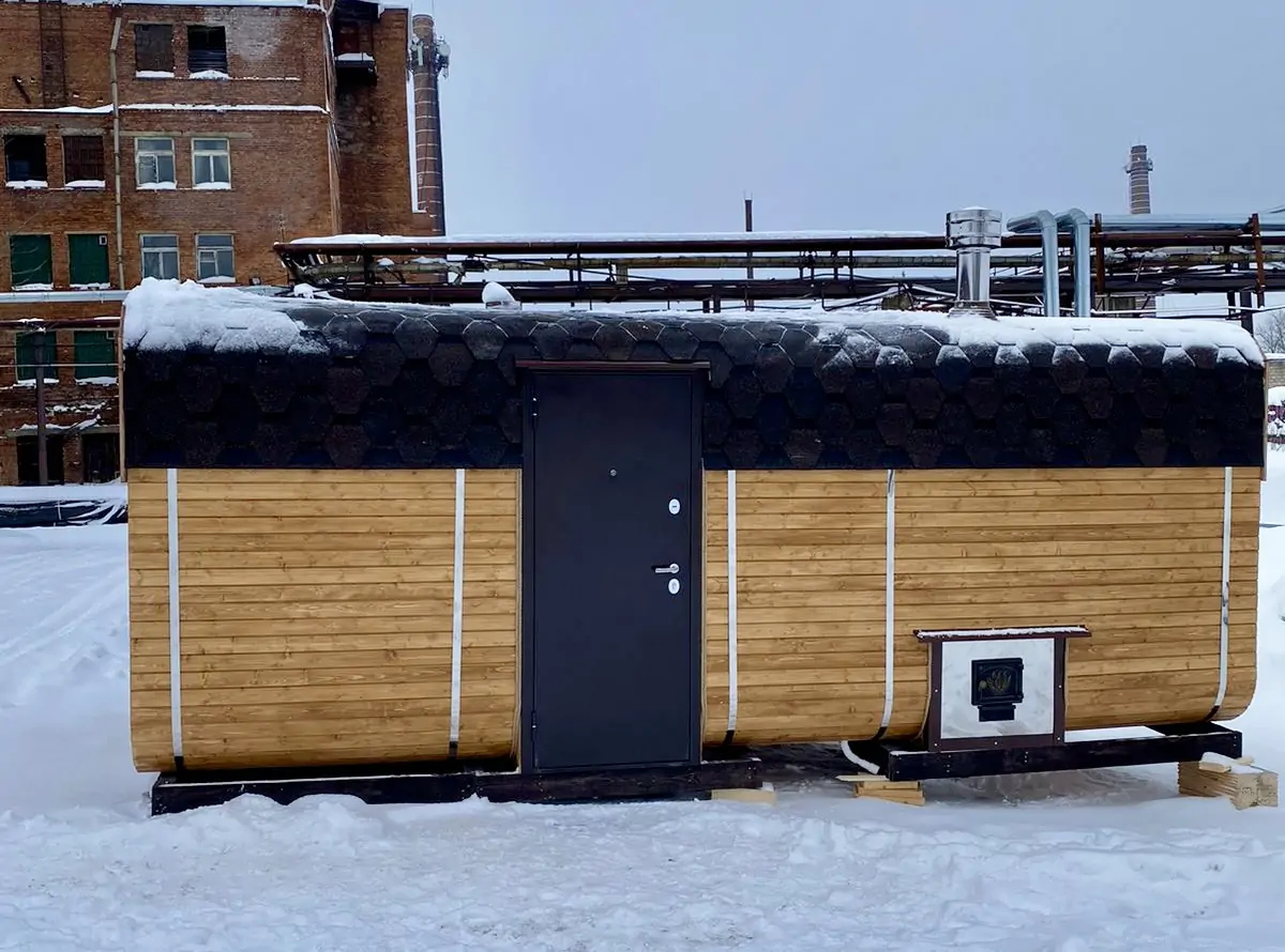 Квадро-баня бочка 6м с боковым входом и выносом топки на улицу фото