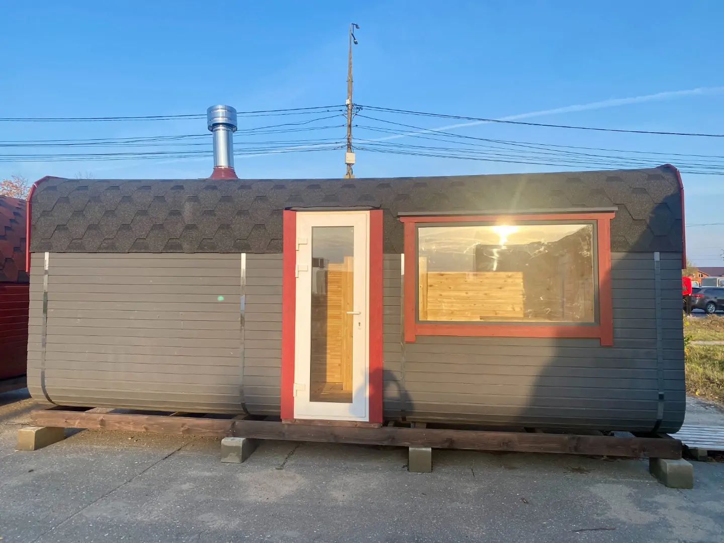 Баня квадро бочка 6м с боковым входом и выносом топки в комнату отдыха фото