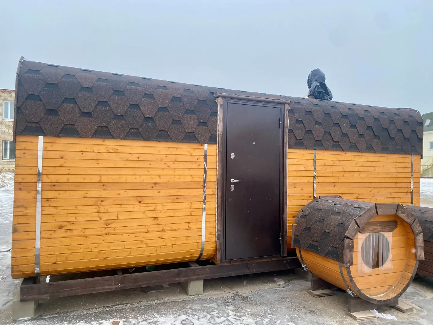 Баня квадро бочка 6м с боковым входом и выносом топки в коридор фото