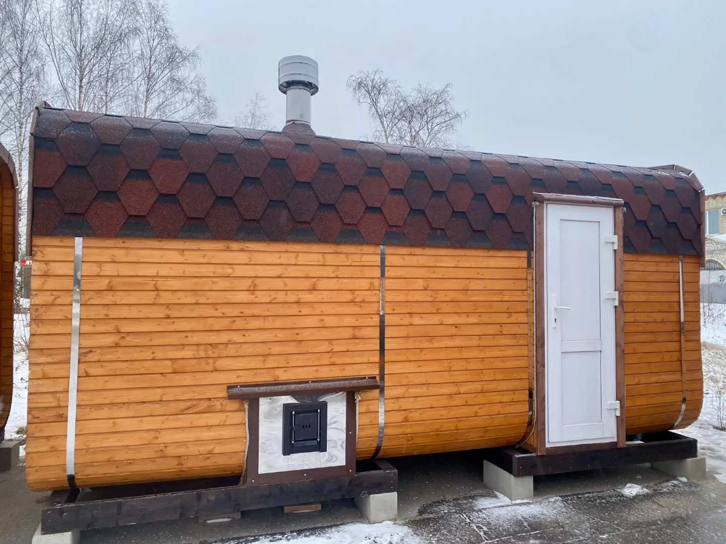 Баня квадро бочка 5м с боковым входом и выносом топки на улицу фото